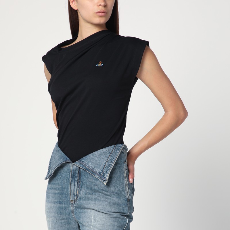 Vivienne Westwood 'hebo' Black T-shirt With Asymmetric Ruched Short Sleeves And Orb Logo On The Front