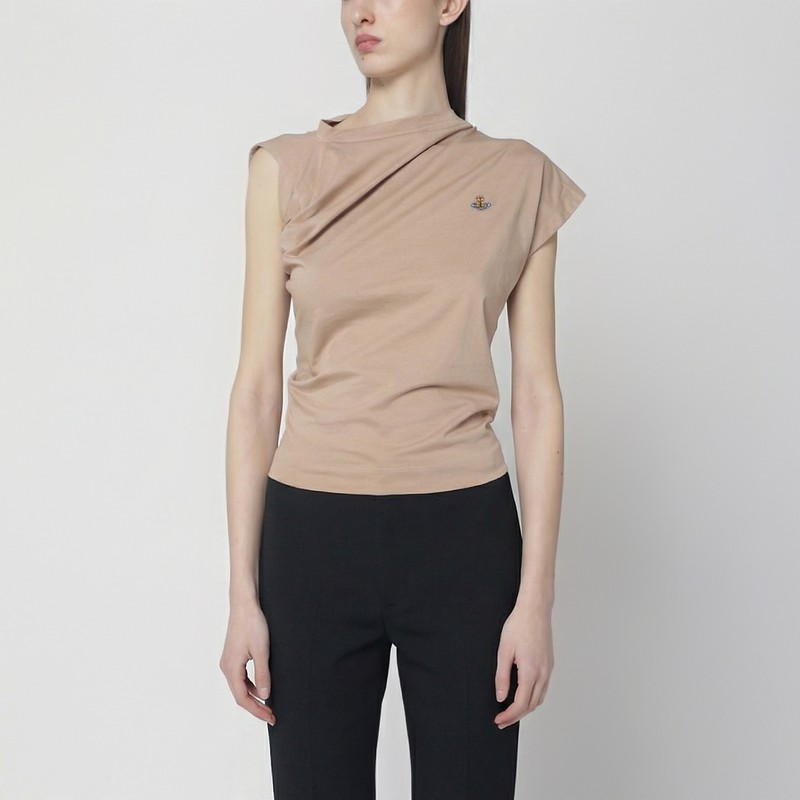 Beige asymmetric T-shirt with Orb logo