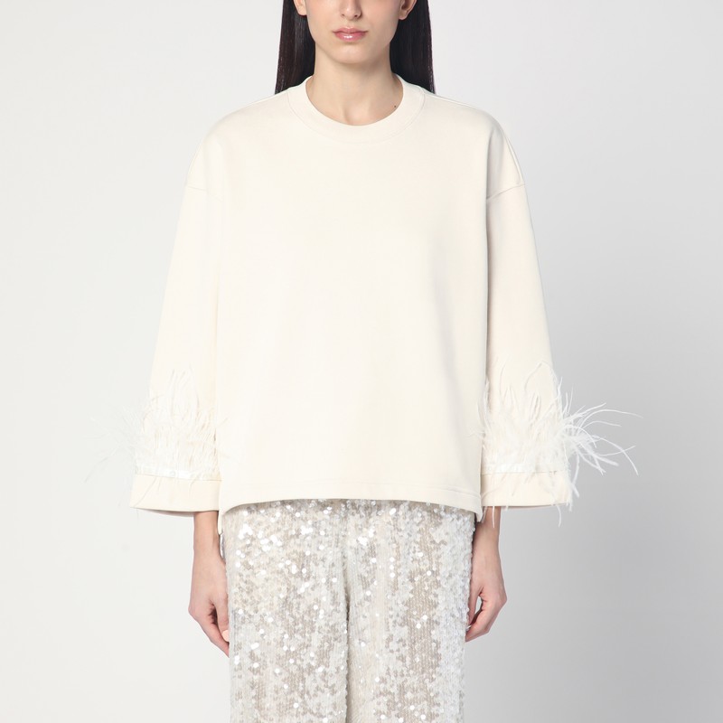 Ivory cotton sweatshirt with feathers