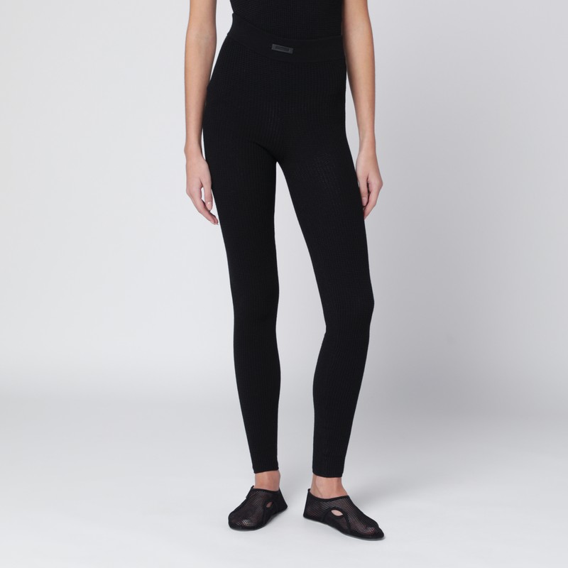 Essentials Black Leggings In Stretch Waffle Fabric