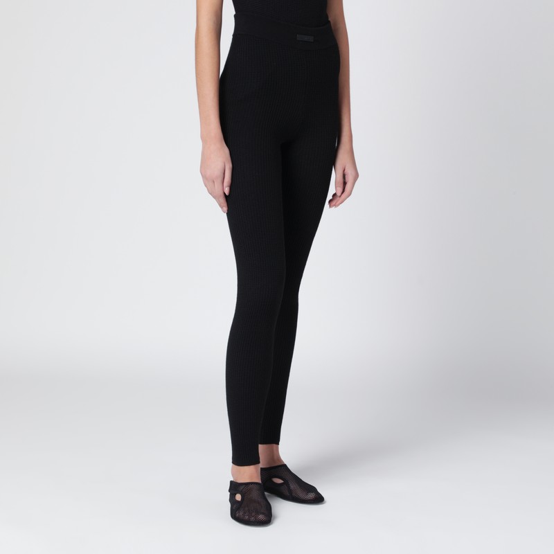 Essentials Black Leggings In Stretch Waffle Fabric In Black