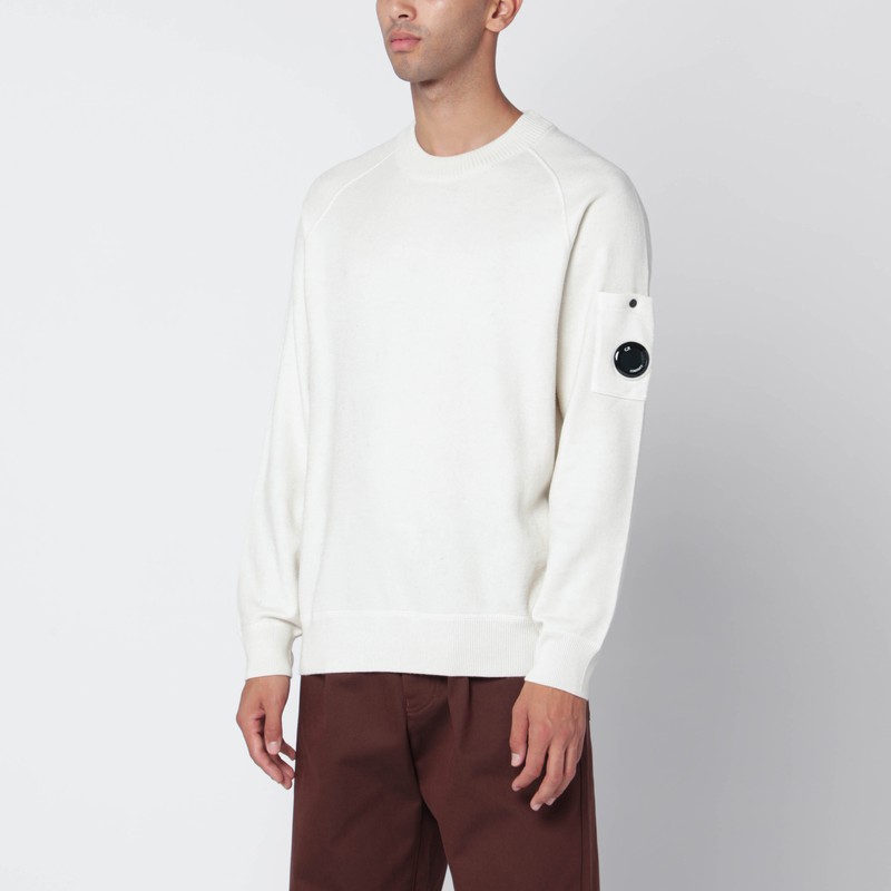 C.p. Company Timeless Crew Neck Sweater With Iconic Lens Detail In White