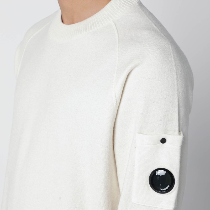 C.p. Company Timeless Crew Neck Sweater With Iconic Lens Detail In White