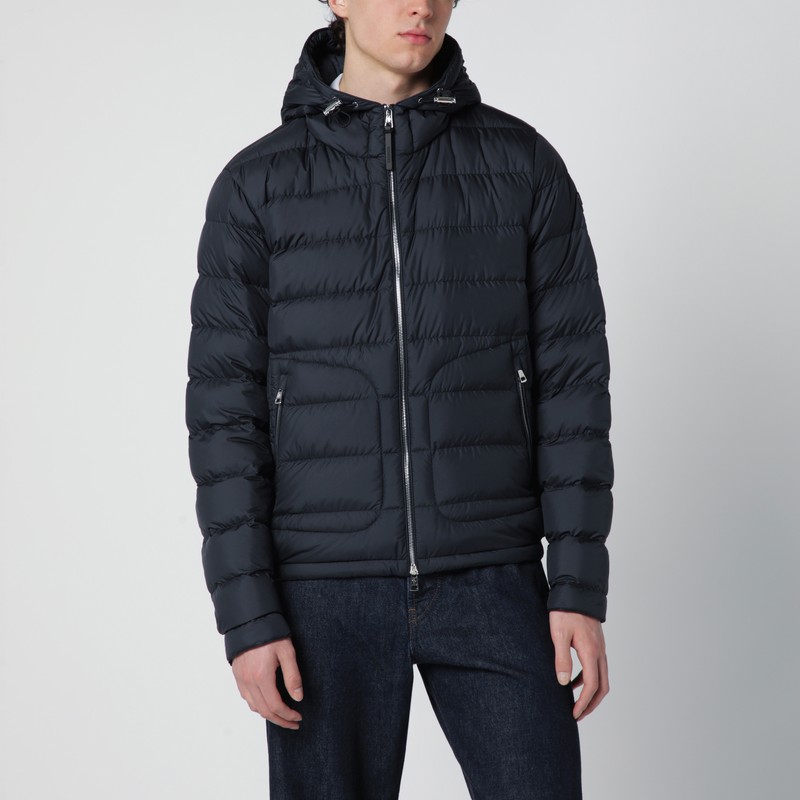 Navy blue short hooded down jacket