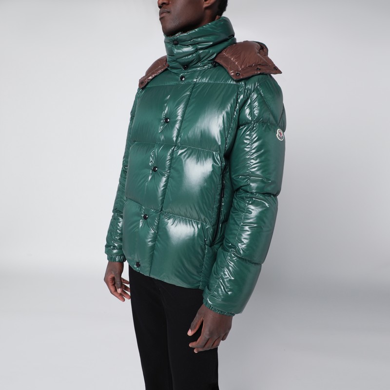 Green nylon laqué down jacket