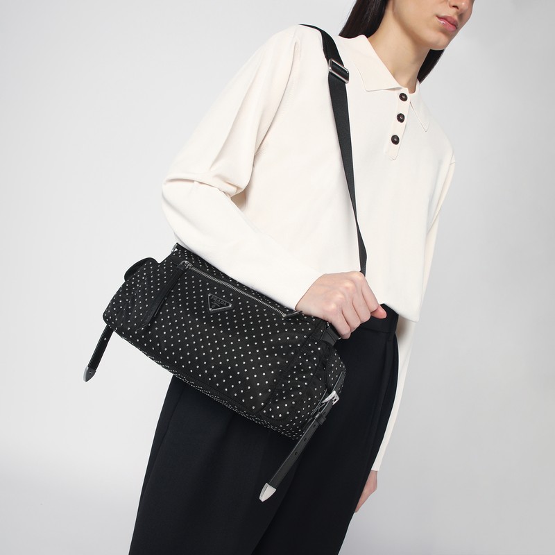 PRADA PRADA | BLACK RE-NYLON BAG WITH STUDS