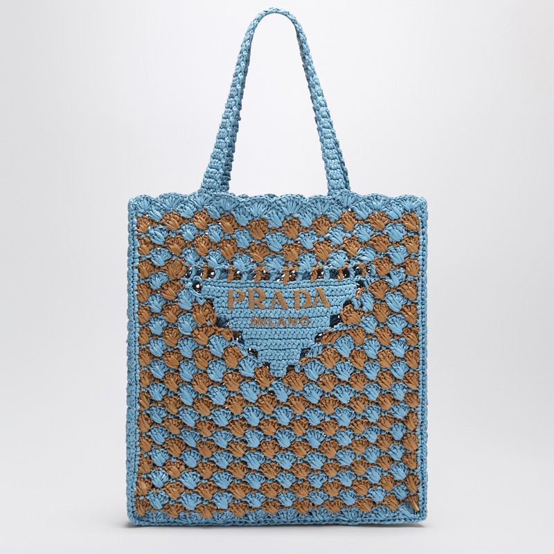 Sky blue/caramel crochet tote bag with logo - Prada - Modalova