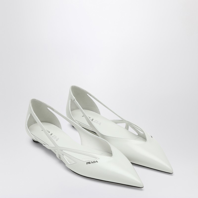 Prada Pointed Toe Cut-out Ballerina Shoes In White