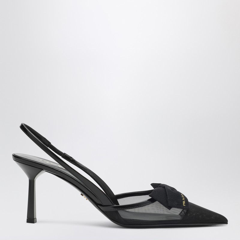 Black fabric and mesh slingback pumps
