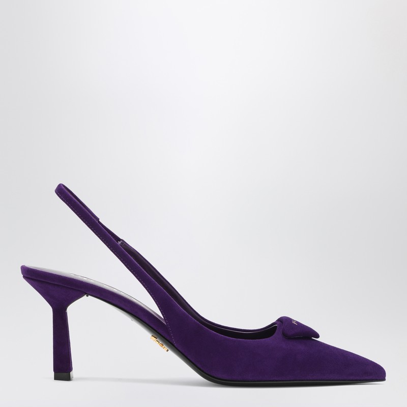Purple suede slingback pumps