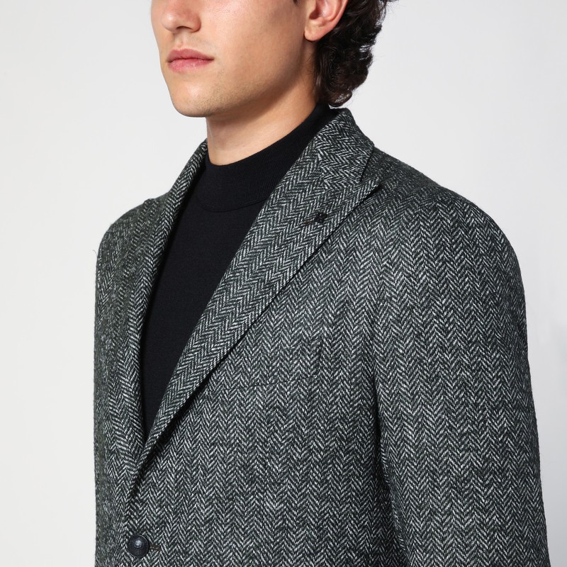 Tagliatore Grey Single-breasted Jacket Herringbone Pattern In Green