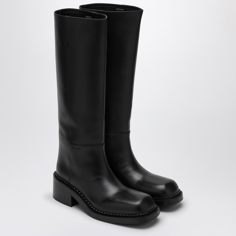 Prada Leather Knee-high Boots With Low Block Heel In Black