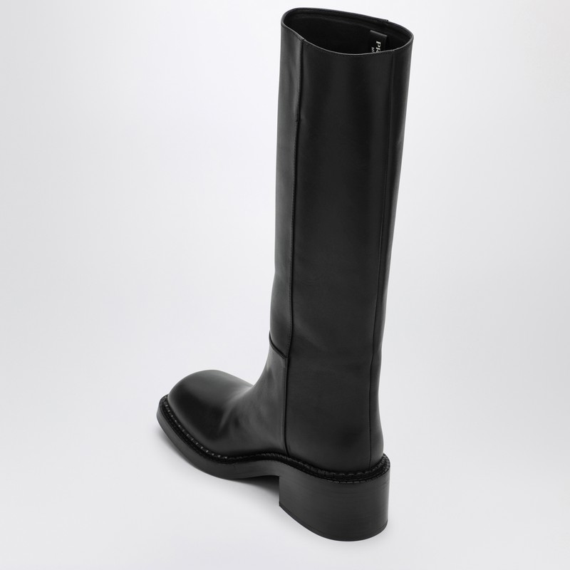 Prada Leather Knee-high Boots With Low Block Heel In Black