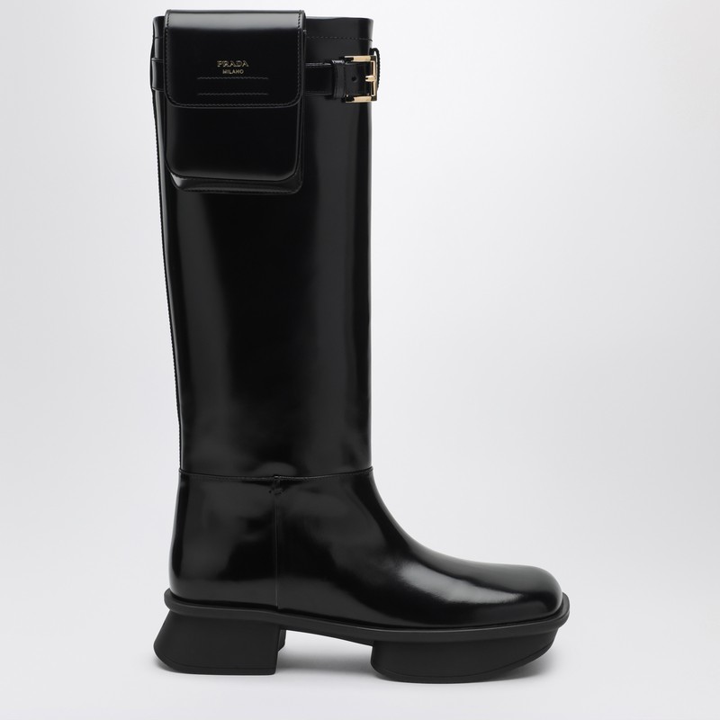 Black leather boot with pouch
