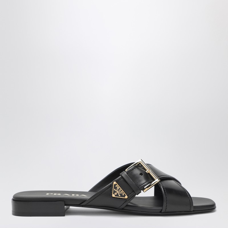 Black leather slider sandals with buckle