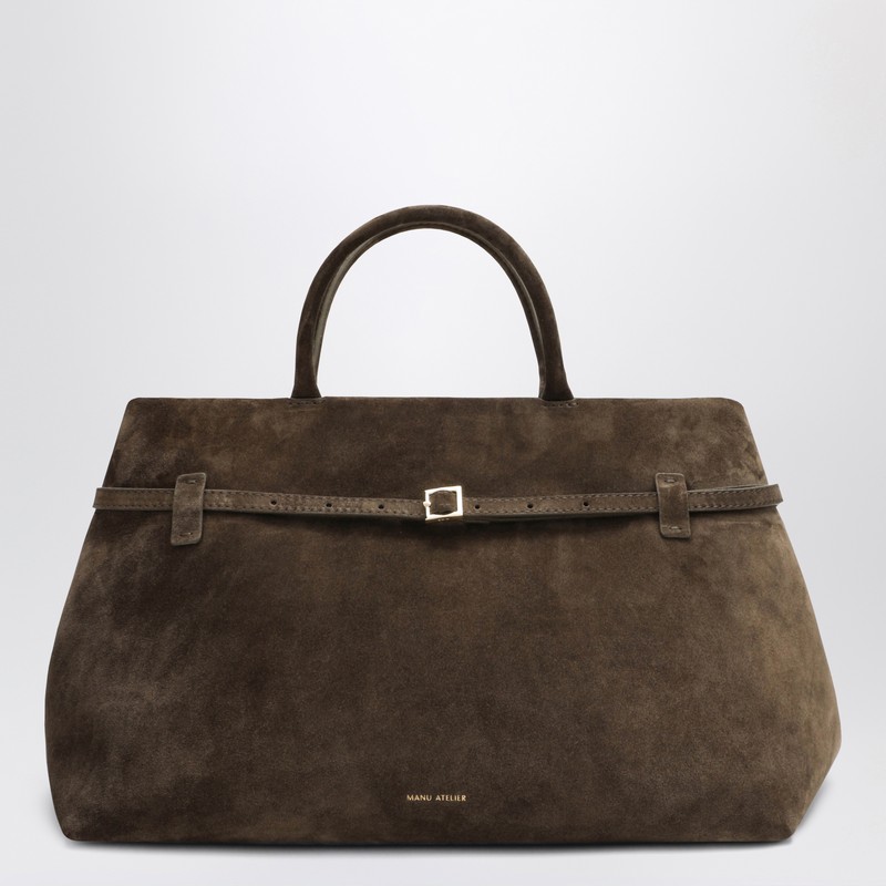 Manu Atelier Tobacco Suede Tote Bag With Buckle Detail In Brown