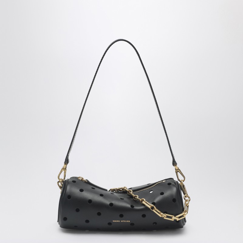 Mini Cylinder bag in perforated black leather