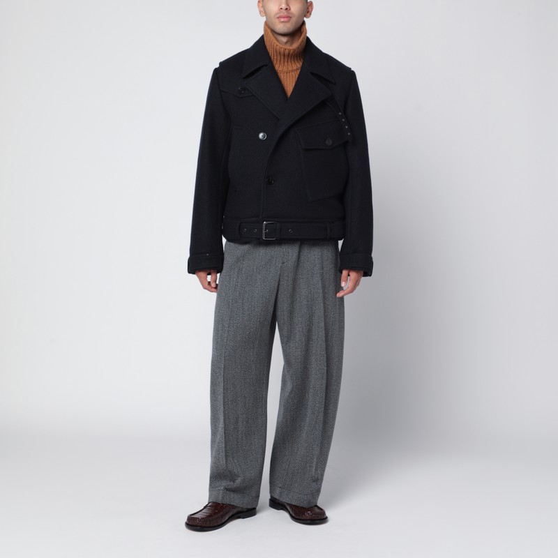 Dries Van Noten Short Navy Wool Coat In Black