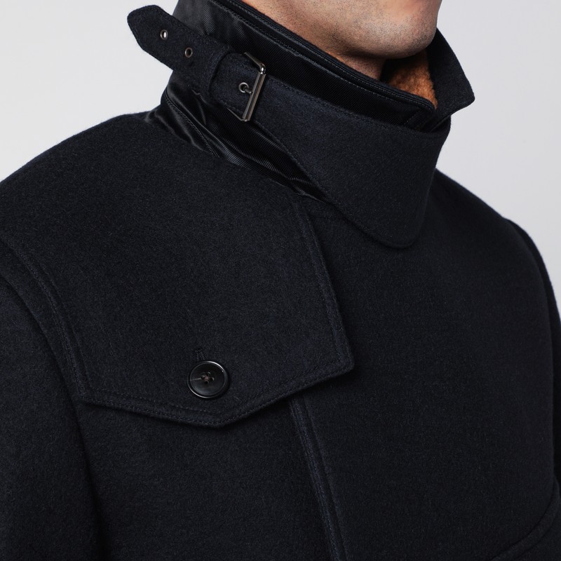 Dries Van Noten Short Navy Wool Coat In Black
