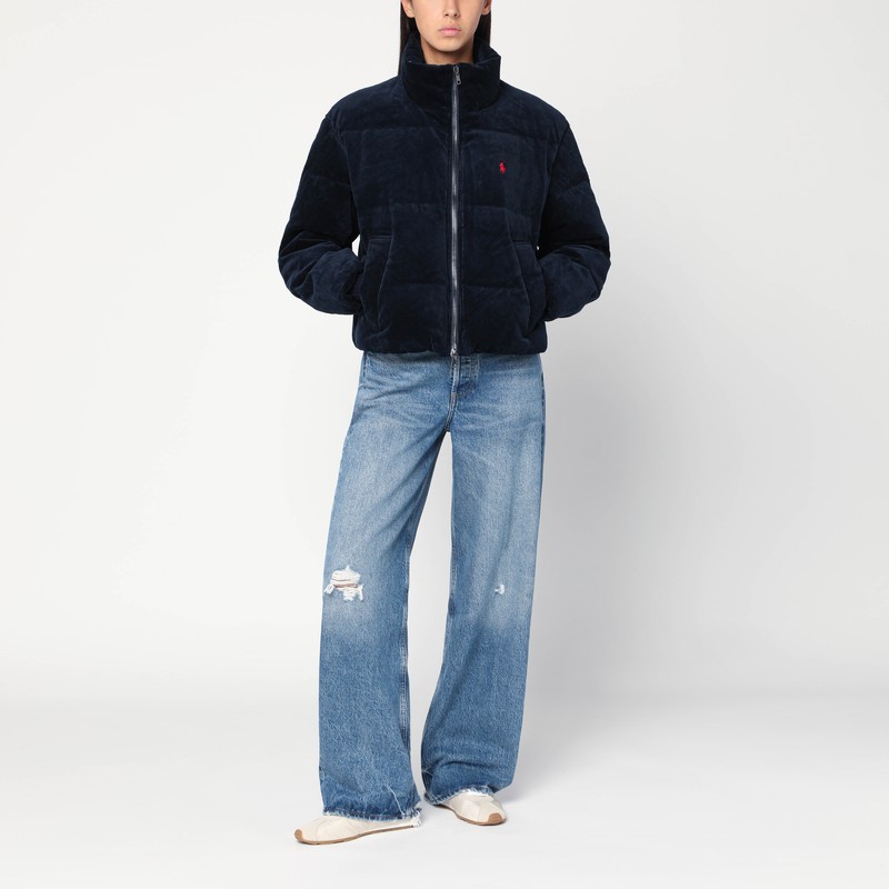 Polo Ralph Lauren Navy Blue Corduroy Puffer Jacket In Black