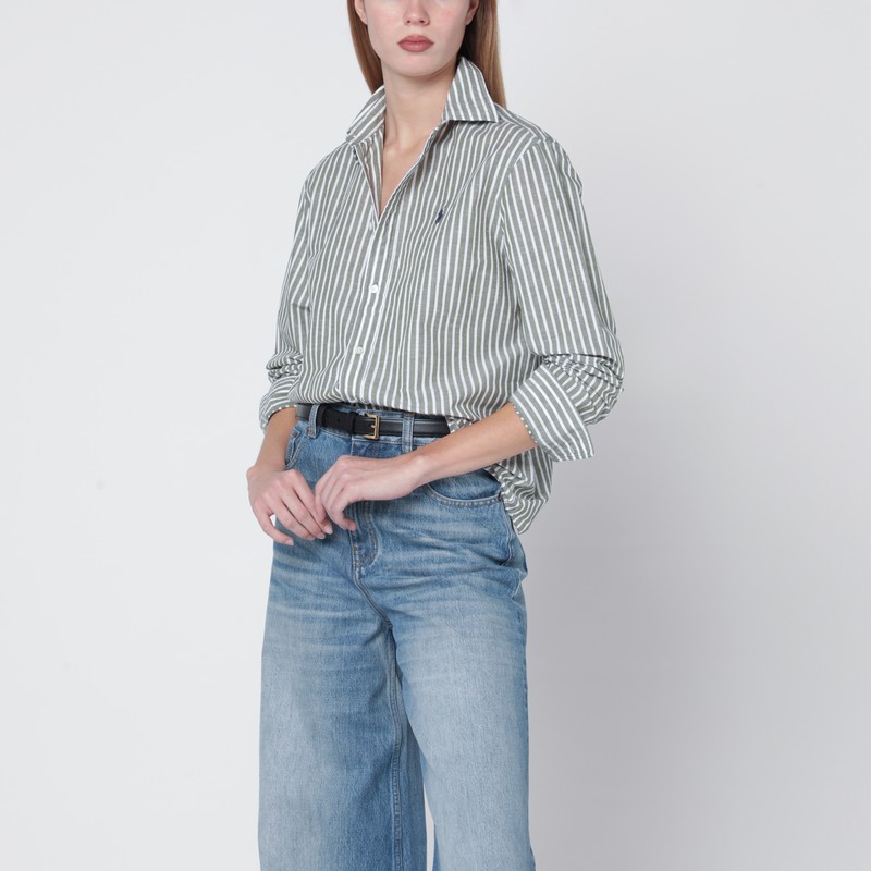 Classic-fit linen shirt with olive green/white stripes