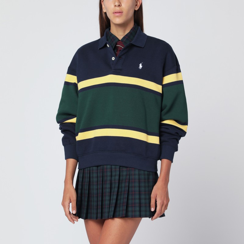 Long-sleeved polo in blue/yellow/green stripes