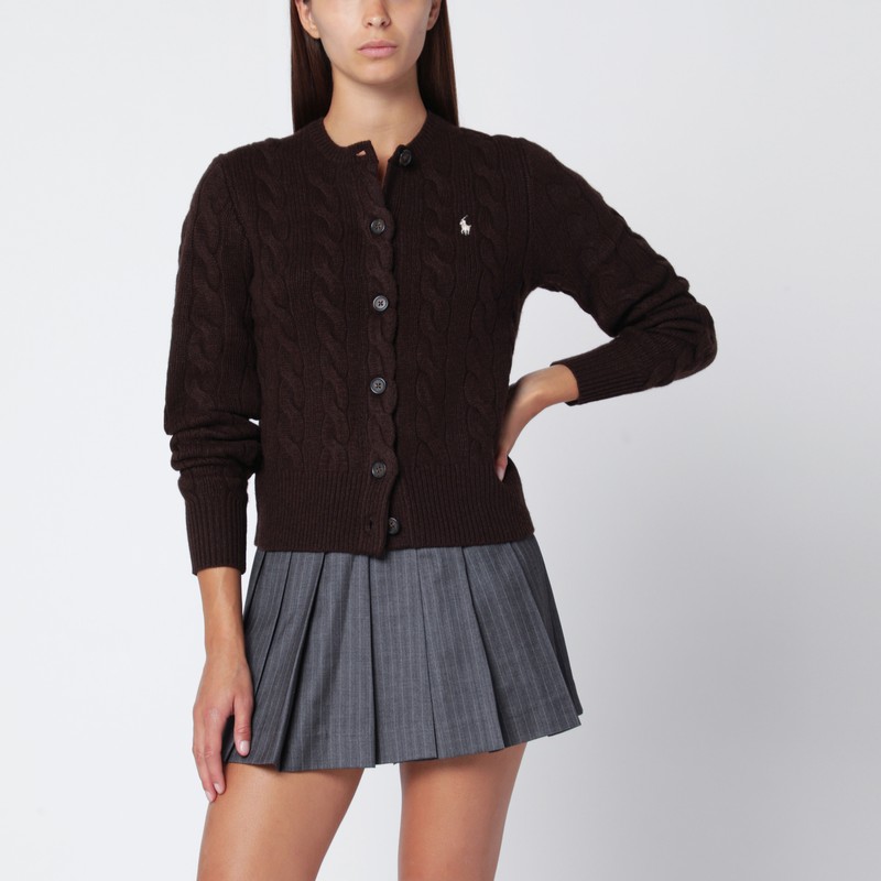 Brown cable-knit wool and cashmere cardigan