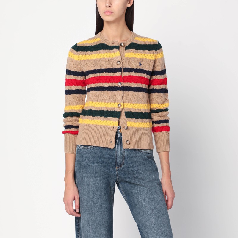 Polo Ralph Lauren Beige Cable-knit Striped Cardigan In Multi