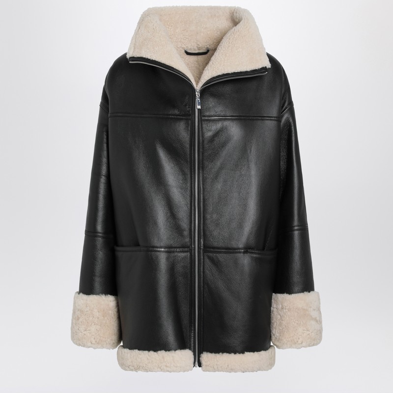 Totême Black Leather Zipped Jacket With Shearling Lining