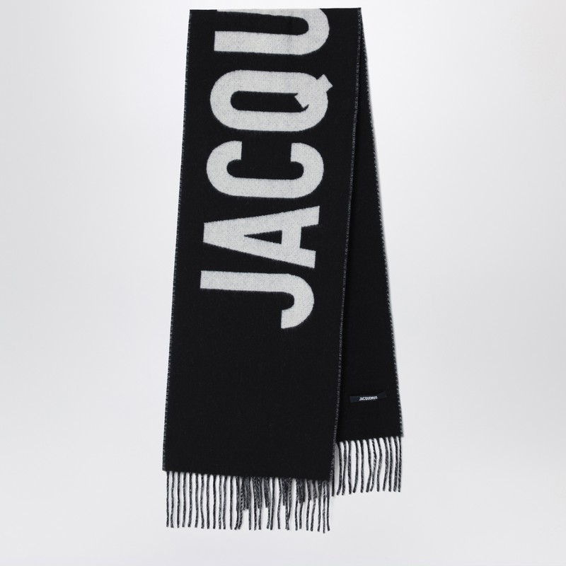 Jacquemus Navy Blue Wool Scarf With Logo In Black