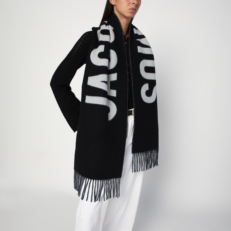 Jacquemus Navy Blue Wool Scarf With Logo In Black