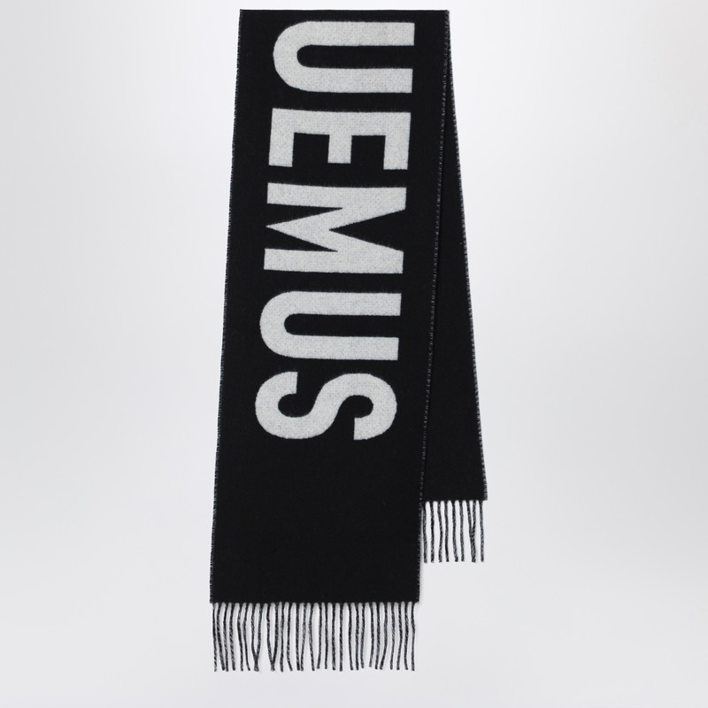 Jacquemus Navy Blue Wool Scarf With Logo In Black