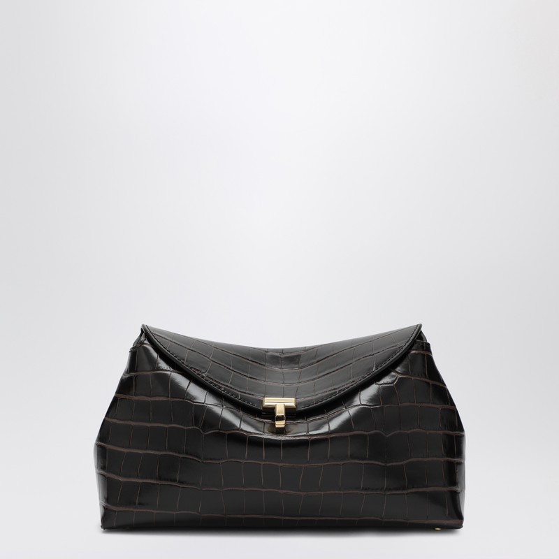 Totême Brown T-lock Clutch In Crocodile-embossed Leather