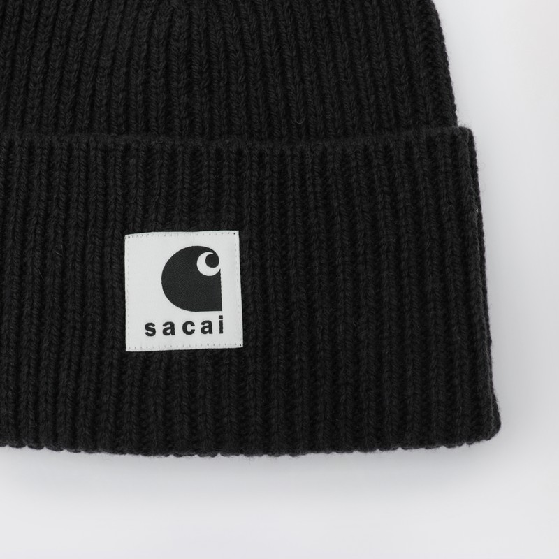 Sacai Carhartt Wip Wool Blend Knit Beanie Hat In Black