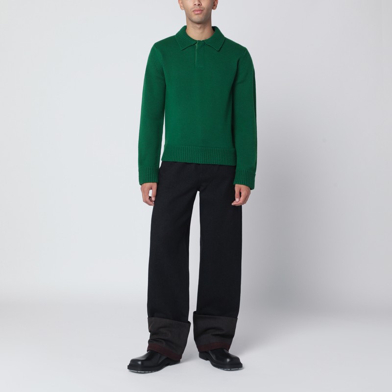 Sacai Wool Sweater With Polo Collar And Ribbed Cuffs In Green