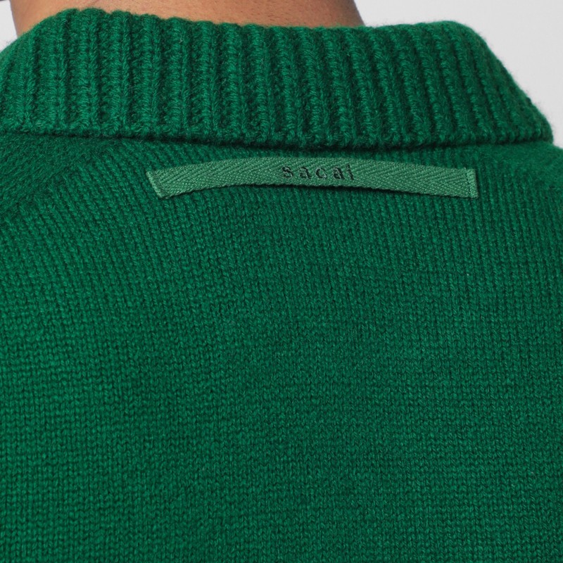 Sacai Wool Sweater With Polo Collar And Ribbed Cuffs In Green