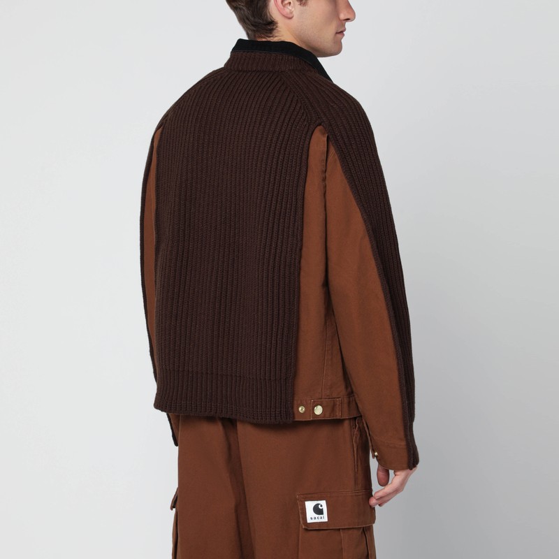 Sacai Beige Bi-material Zip Jacket In Brown