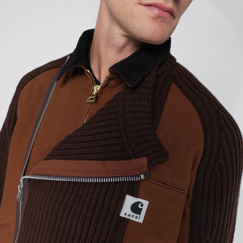 Sacai Beige Bi-material Zip Jacket In Brown