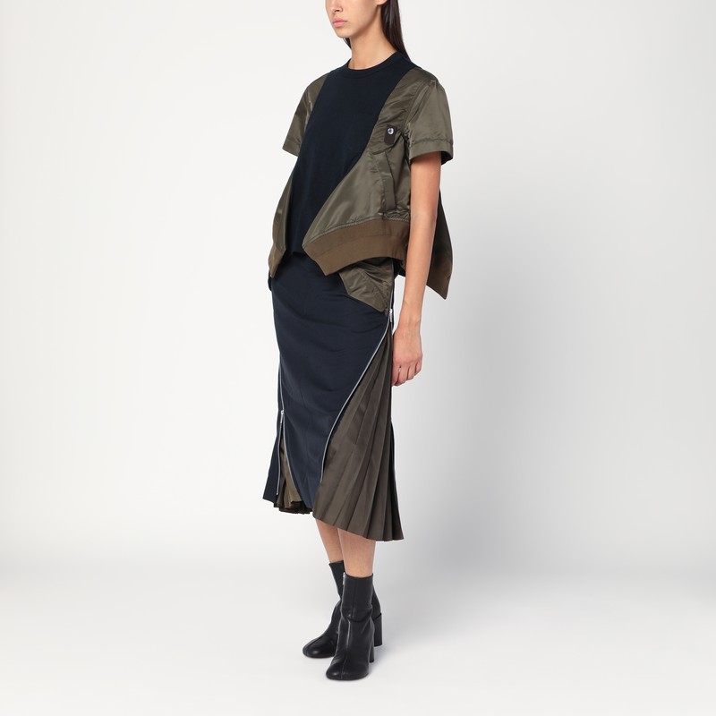 Sacai Navy Kaki Cotton And Nylon T-shirt In Black