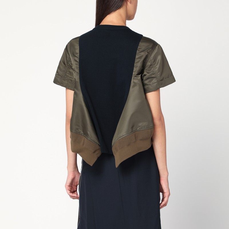 Sacai Navy Kaki Cotton And Nylon T-shirt In Black