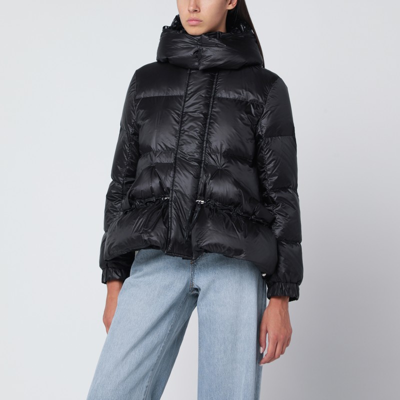 Black nylon down jacket with drawstring