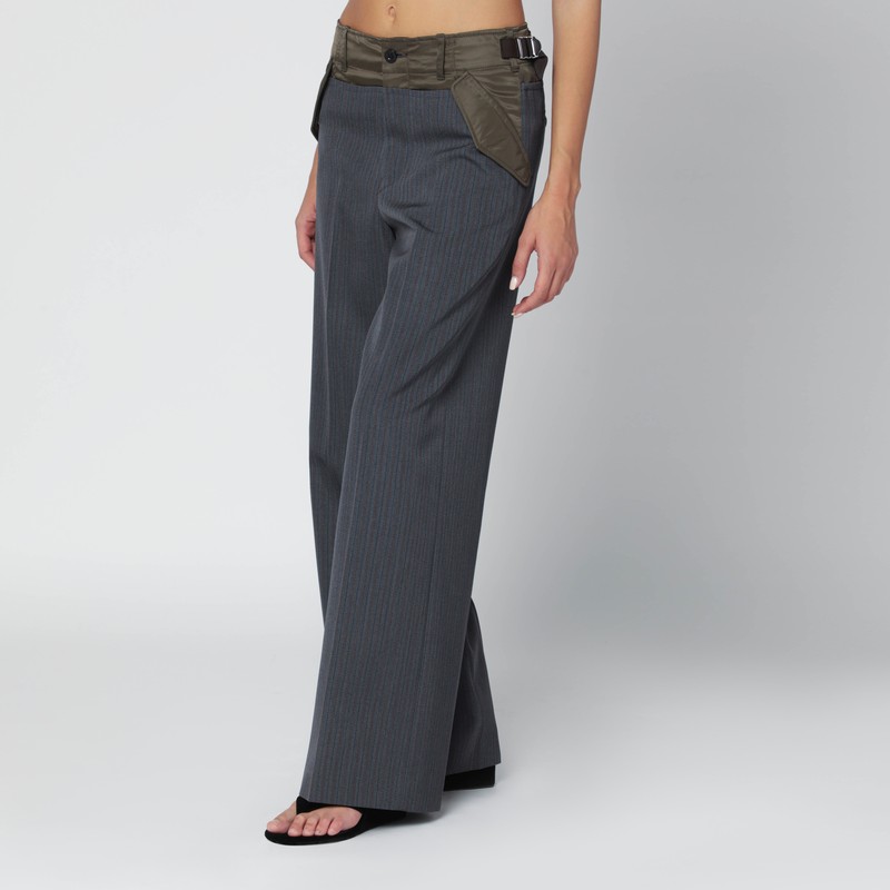 Sacai Grey/khaki Pinstripe Bi-material Trousers In Gray
