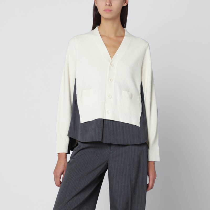 White cardigan with grey pinstripe shirt insert