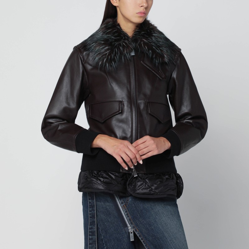 Brown bi-material bomber jacket with zip