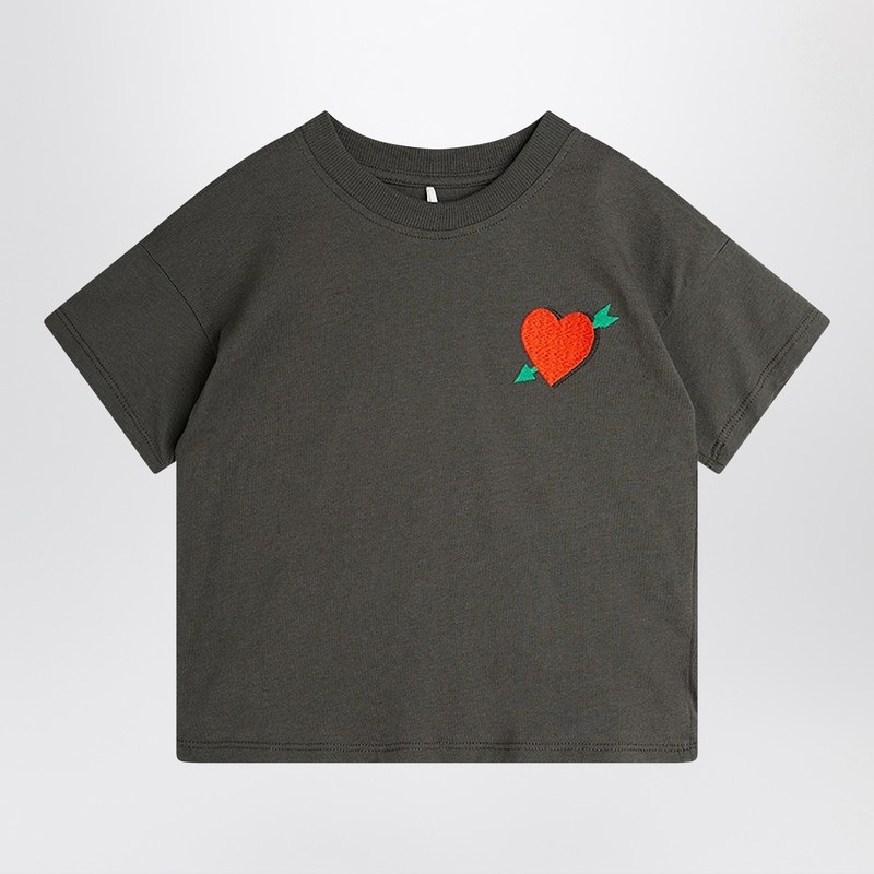 faded black t-shirt with heart embroidery and arrow
