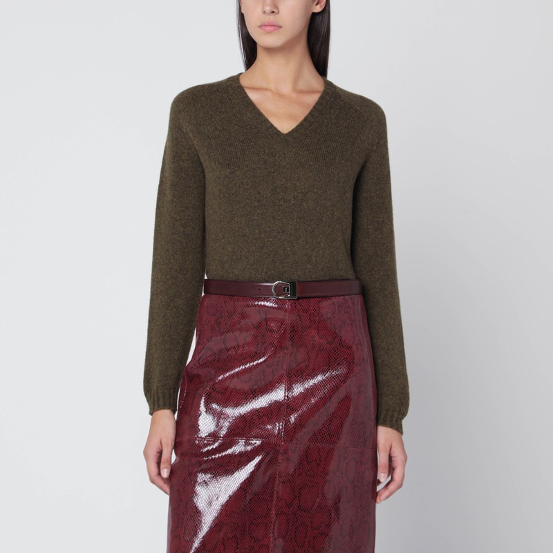 Military green wool V-neck sweater