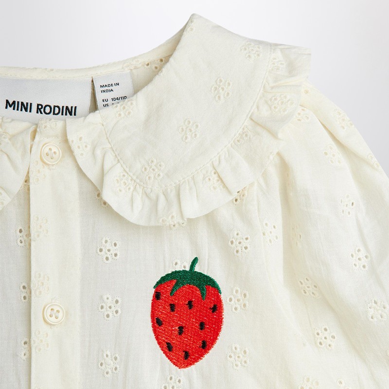 Mini Rodini White Schiffli Blouse With Embroidered Strawberry In White