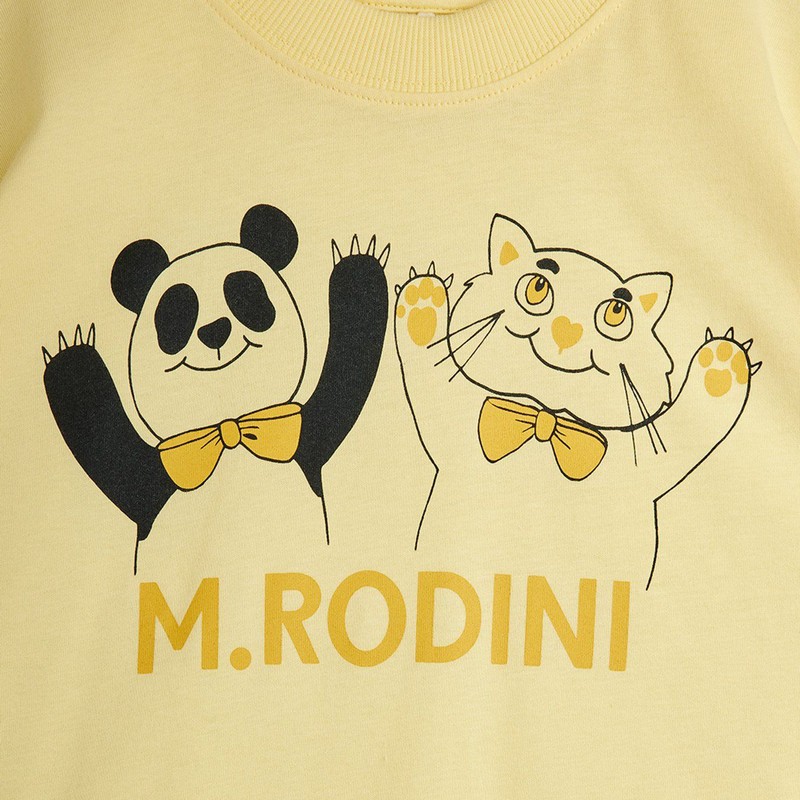 Mini Rodini Light Yellow T-shirt With Panda And Cat Print In Neutral