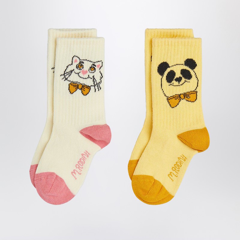 Mini Rodini Two Pairs Of Socks With Panda And Cat Motif In Multi