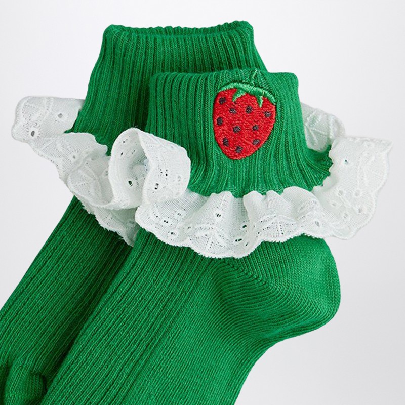 Mini Rodini Green Socks With Embroidered Strawberries And Lace In Green